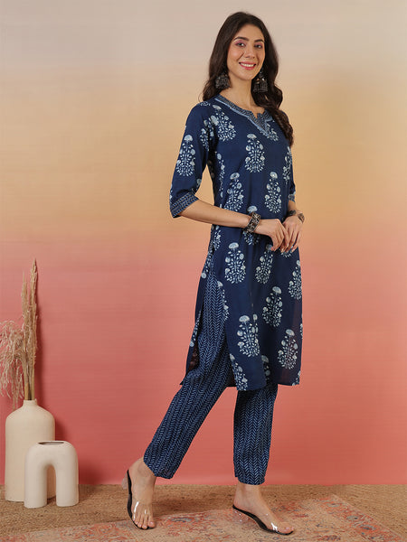 Women Blue Cotton Yoke Design Kurta With Trouser & Dupatta