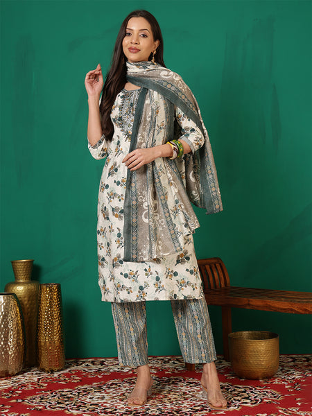 Women Green Floral Printed Yoke Embroidery Kurta with Trouser & Dupatta