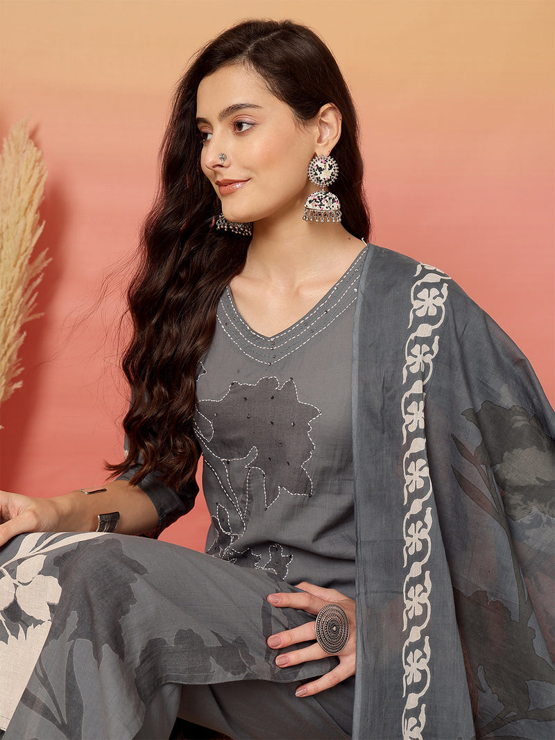 Women Cotton Printed Patch Work Kurta with Trouser & Dupatta