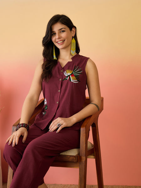 Women Cotton Maroon Embroidery Top With Trouser Co-ord Set