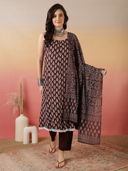 Women Brown Discharge Print Anarkali Kurta With Trouser & Dupatta