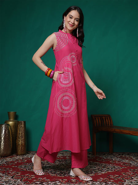 Women Pink Pure Cotton Embroidery Kurta with attached sleeves and Palazzo Set