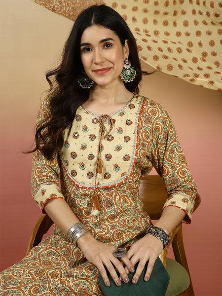 Women Beige Printed Anarkali Kurta With Pant & Dupatta
