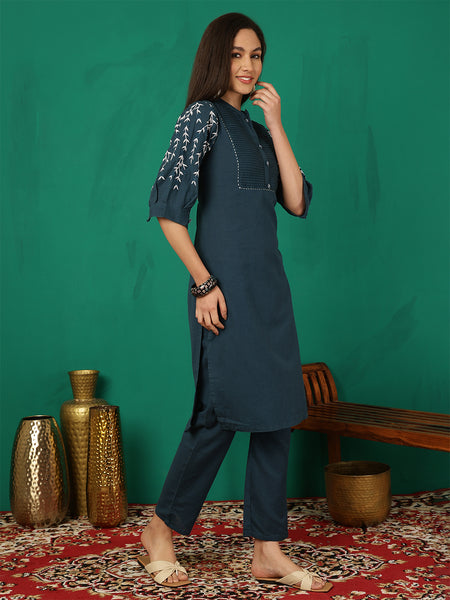 Women Navy Blue Silk Kurta With Trouser & Dupatta
