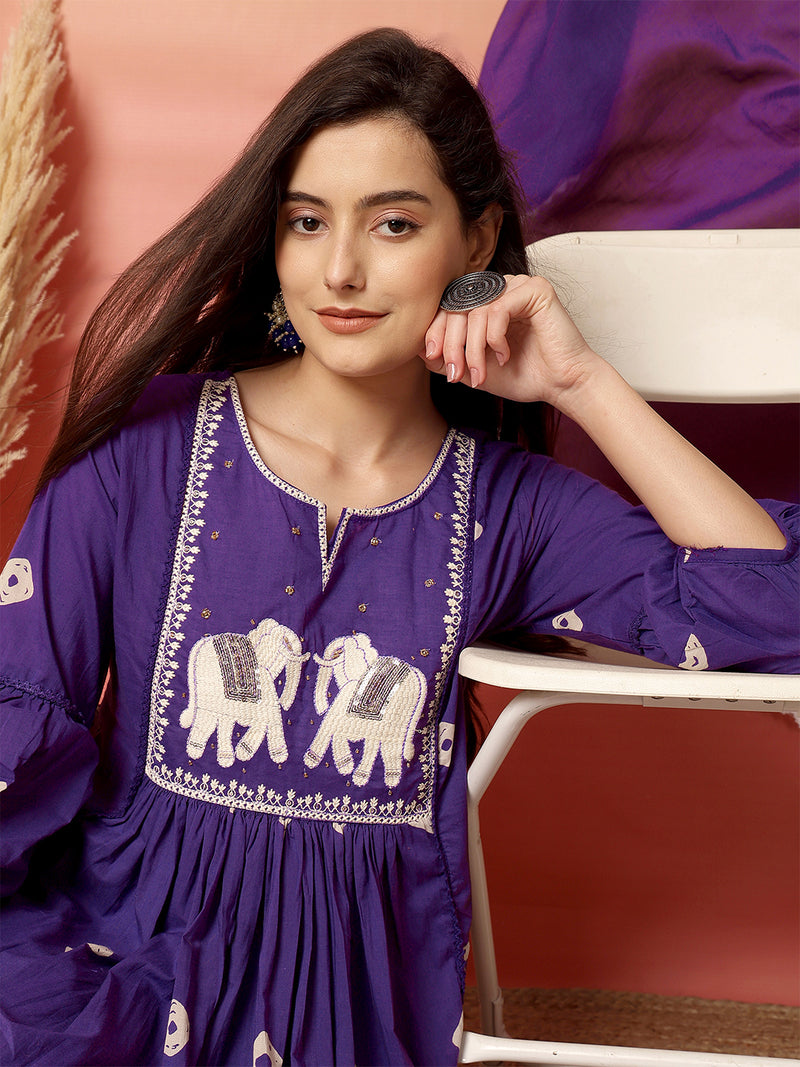 Women Cotton Purple Embroidery Anarkali Kurta with Trouser & Dupatta