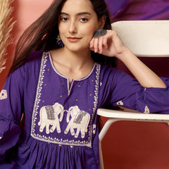 Women Cotton Purple Embroidery Anarkali Kurta with Trouser & Dupatta