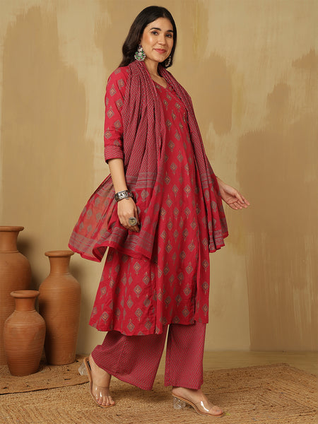 Women Red Block Printed A-line Kurta with Trouser & Dupatta