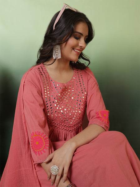 Women Peach Cotton Solid Mirror Work Kurta with Trouser & Dupatta