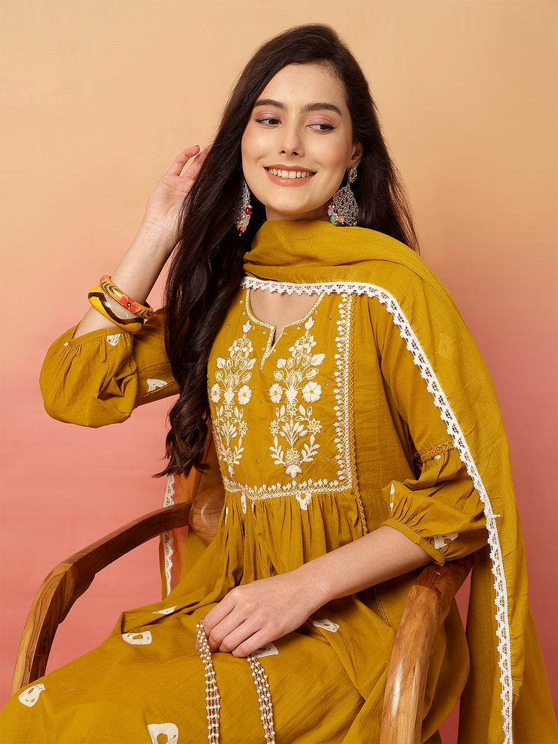 Women Cotton Mustard Embroidery Anarkali Kurta with Trouser & Dupatta
