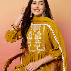 Women Cotton Mustard Embroidery Anarkali Kurta with Trouser & Dupatta
