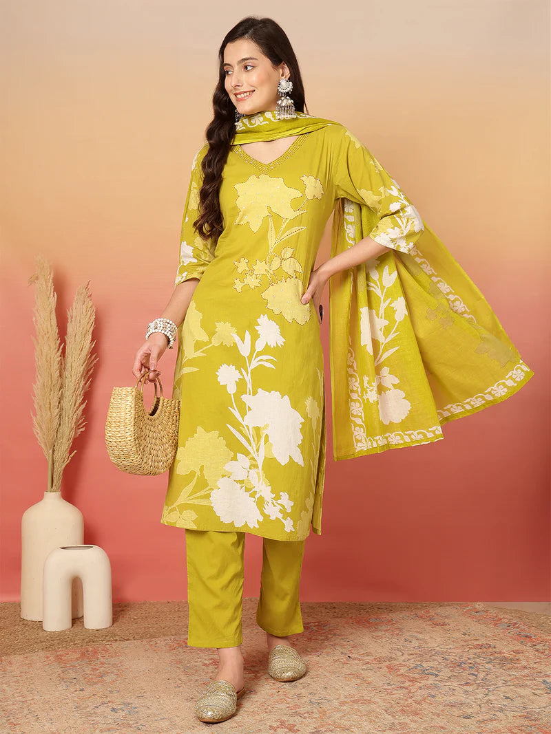 Women Cotton Printed Patch Work Kurta with Trouser & Dupatta