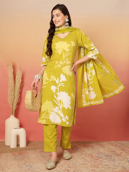 Women Cotton Printed Patch Work Kurta with Trouser & Dupatta