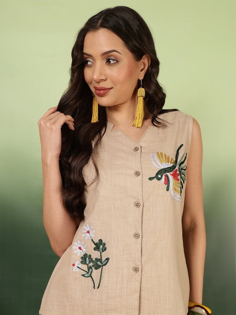 Women Cotton Beige Embroidery Top With Trouser Co-ord Set