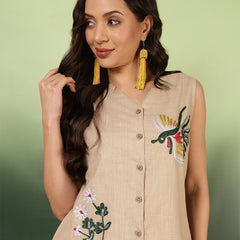 Women Cotton Beige Embroidery Top With Trouser Co-ord Set