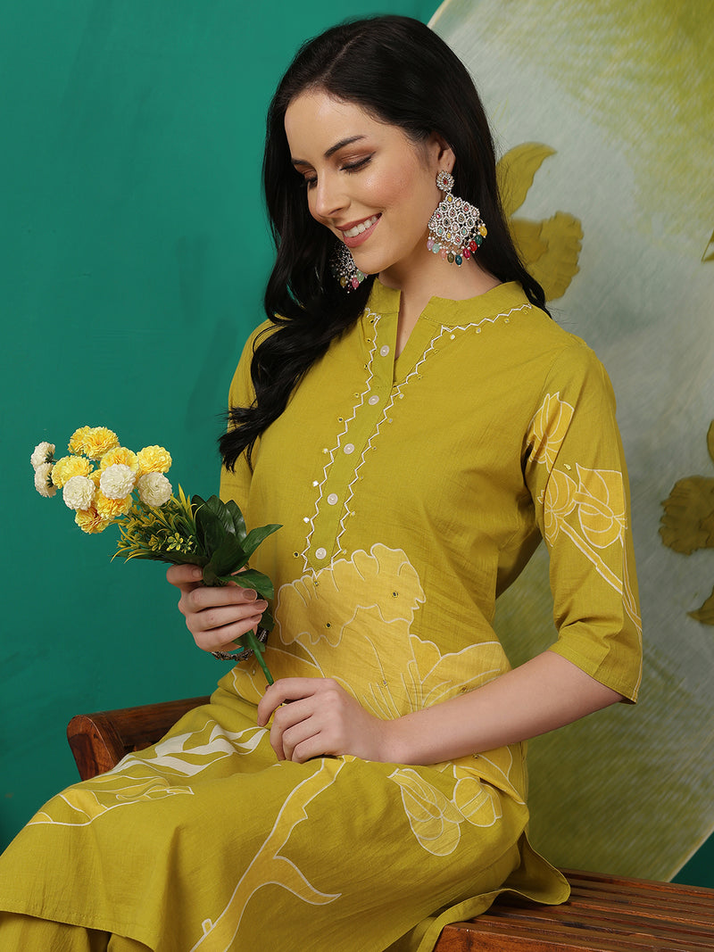 ANAISA Women Cotton Placement Print Straight Kurta with Trouser & Dupatta