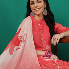 ANAISA Women Cotton Placement Print Straight Kurta with Trouser & Dupatta