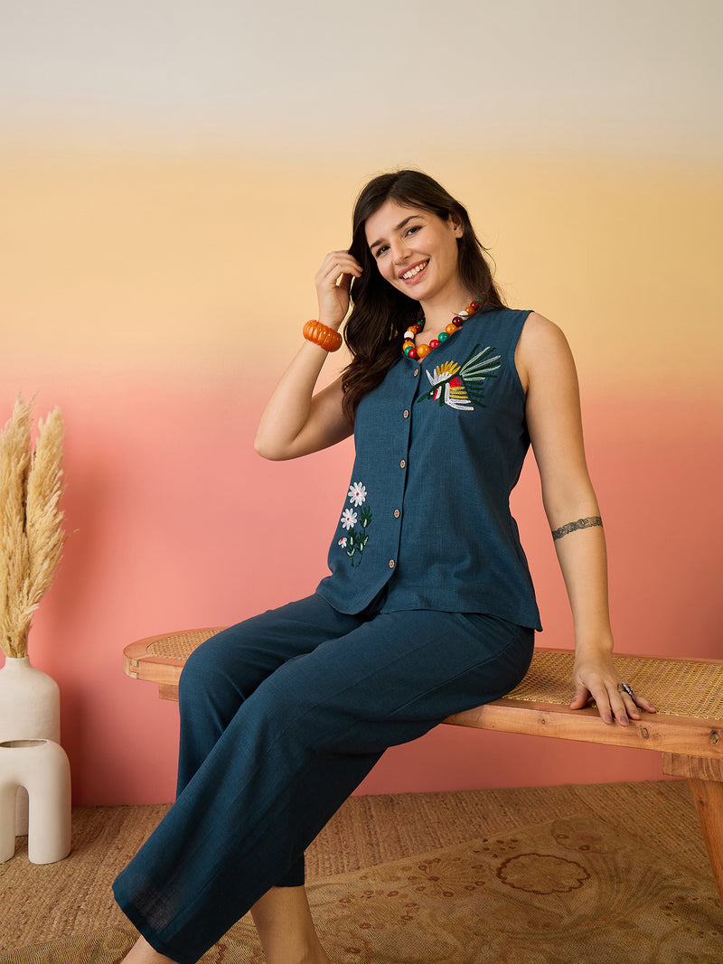 Women Cotton Navy Blue Embroidery Top With Trouser Co-ord Set