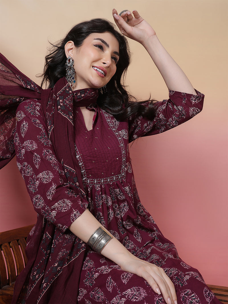 Women Green Floral Printed Hand Work Anarkali Kurta with Trouser & Dupatta