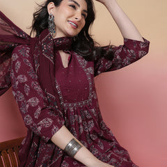 Women Green Floral Printed Hand Work Anarkali Kurta with Trouser & Dupatta