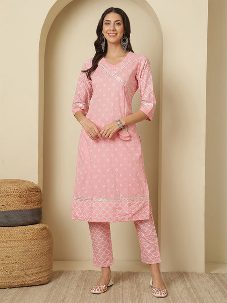 Women Cotton Pink Printed Angrakha Kurta with Trouser