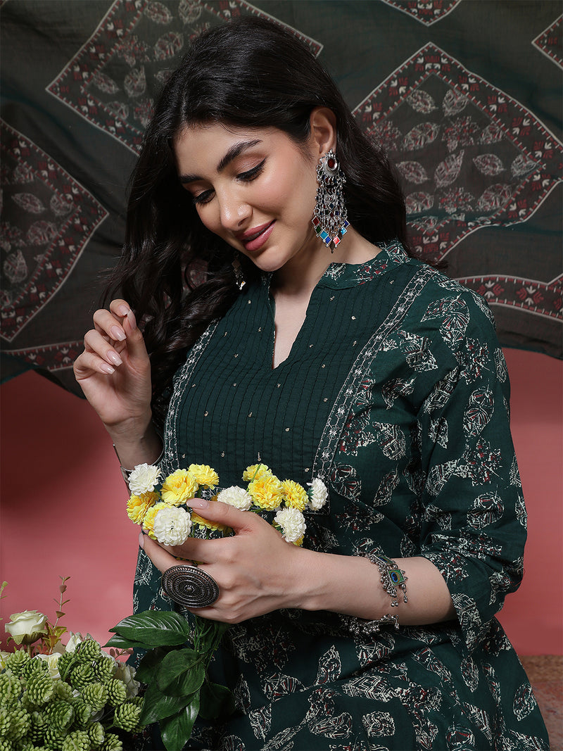 Women Green Floral Printed Hand Work Anarkali Kurta with Trouser & Dupatta