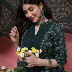 Women Green Floral Printed Hand Work Anarkali Kurta with Trouser & Dupatta