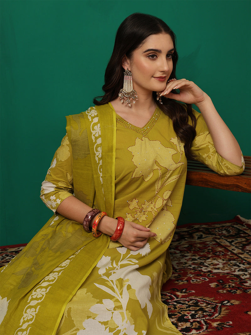 Women Cotton Printed Patch Work Kurta with Trouser & Dupatta
