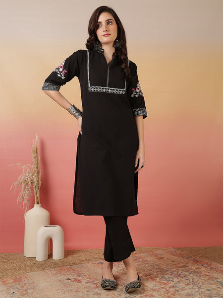 Women Solid Embroidery Kurta with Pant