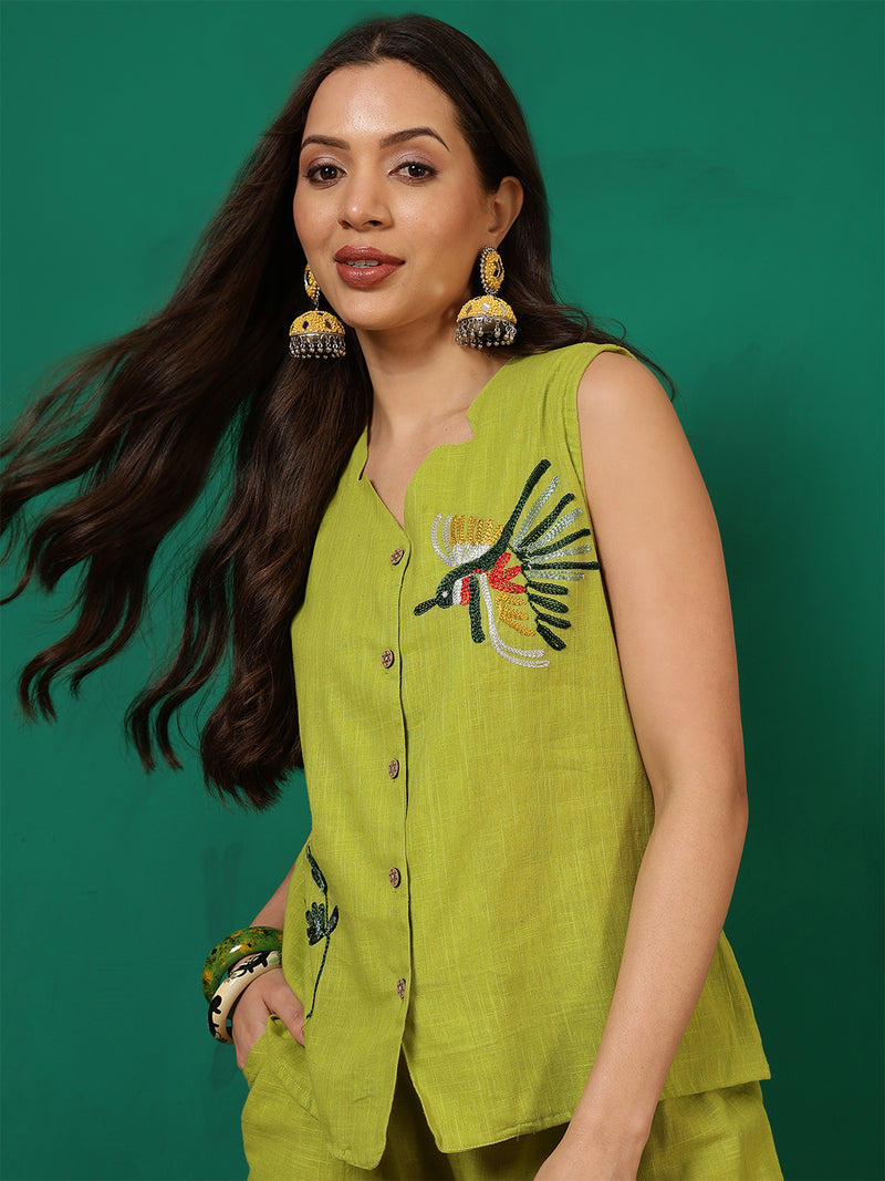 Women Cotton Lime Green Embroidery Top with Trouser Co-ord Set
