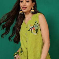 Women Cotton Lime Green Embroidery Top with Trouser Co-ord Set