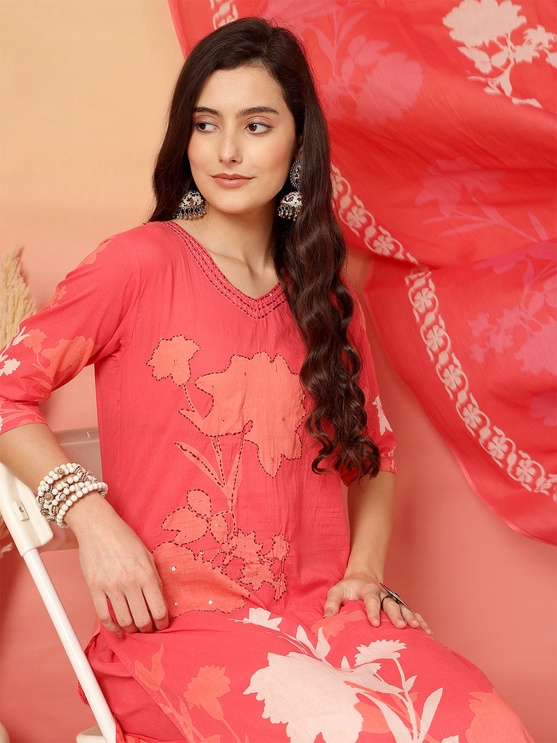 Women Cotton Printed Patch Work Kurta with Trouser & Dupatta