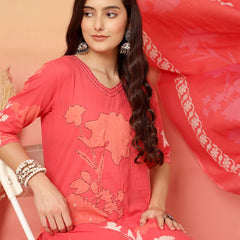 Women Cotton Printed Patch Work Kurta with Trouser & Dupatta
