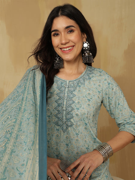 Women Blue Yoke Embroidery Printed kurta With Trouser & Dupatta