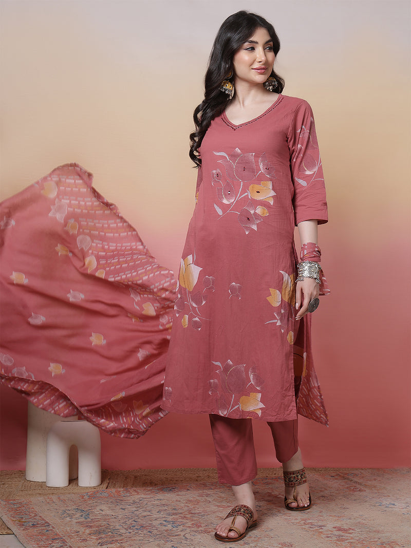 Women Coral Cotton Placement Printed Hand Work Kurta with Trouser & Dupatta