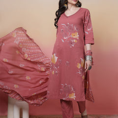 Women Coral Cotton Placement Printed Hand Work Kurta with Trouser & Dupatta