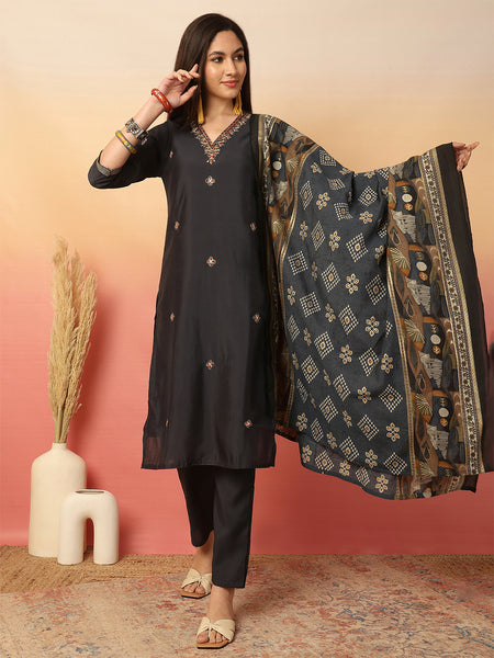 Women Black Silk Hand Work Yoke Solid Kurta with Trouser & Dupatta