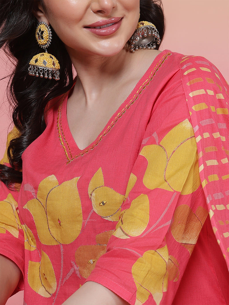 Women Coral Cotton Placement Printed Hand Work Kurta with Trouser & Dupatta