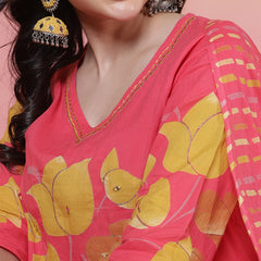 Women Coral Cotton Placement Printed Hand Work Kurta with Trouser & Dupatta
