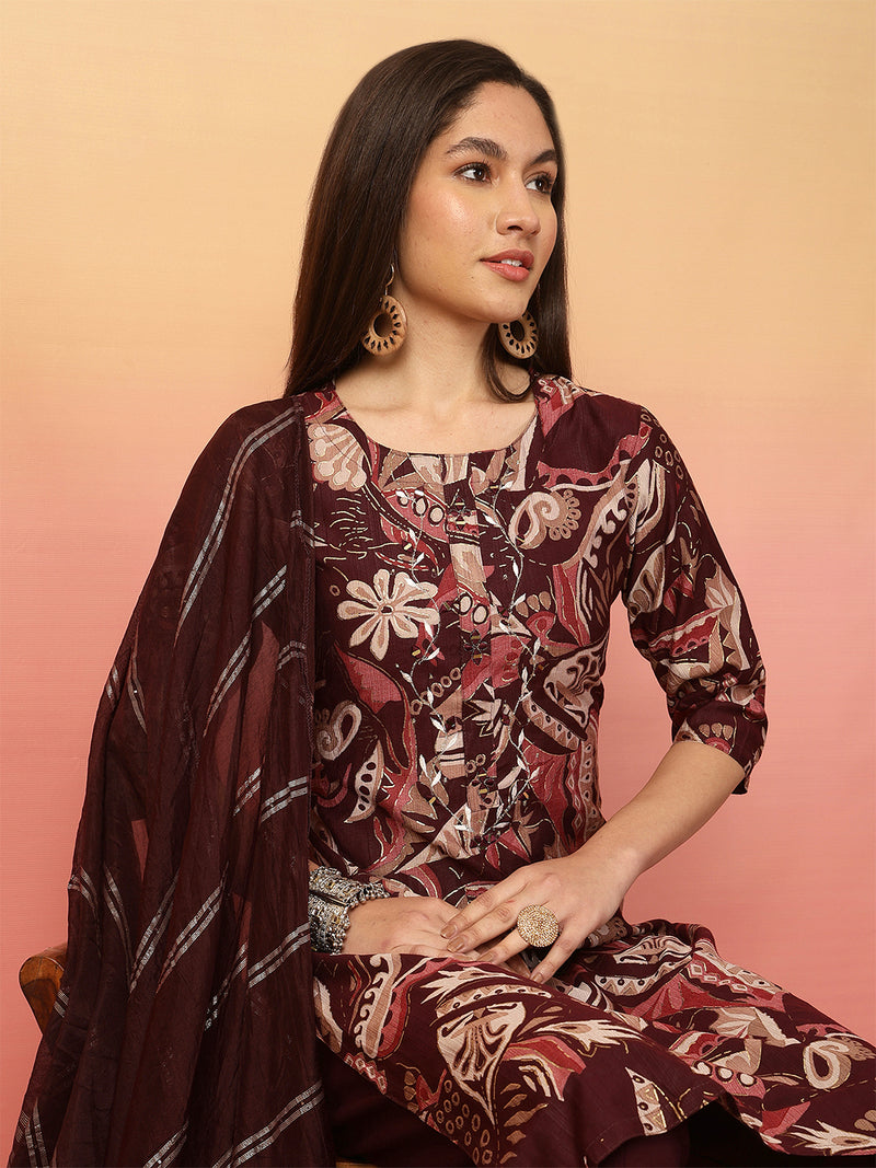 Women Wine Yoke Embroidery Kurta with Trouser & Dupatta