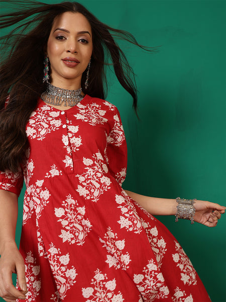 Women Cotton Red Printed Summer Dress