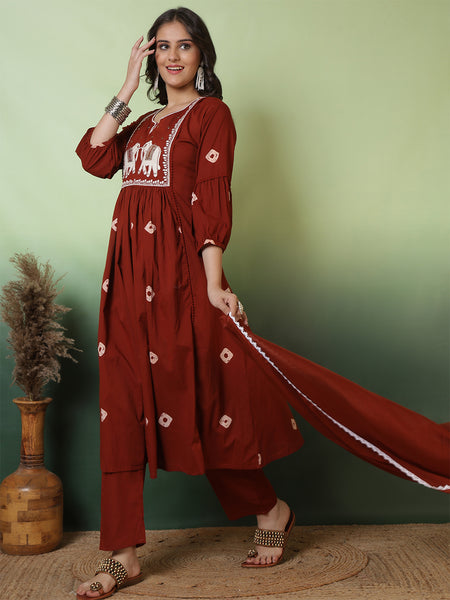 Women Cotton Rust Anarkali Embroidery Kurta with Trouser & Dupatta