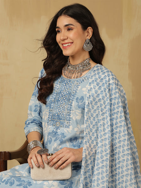 Women Blue Cotton Embroidery Kurta With Trouser & Dupatta