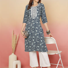 Women Grey Viscose Rayon Printed Regular Kurta