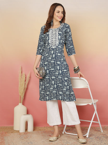 Women Grey Viscose Rayon Printed Regular Kurta