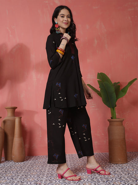 Women Black Pure Cotton Printed Top with Palazzo Co-ord Set