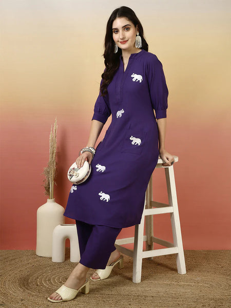 Women Solid Cotton Flex A-line Pocket Kurta with Palazzo Set