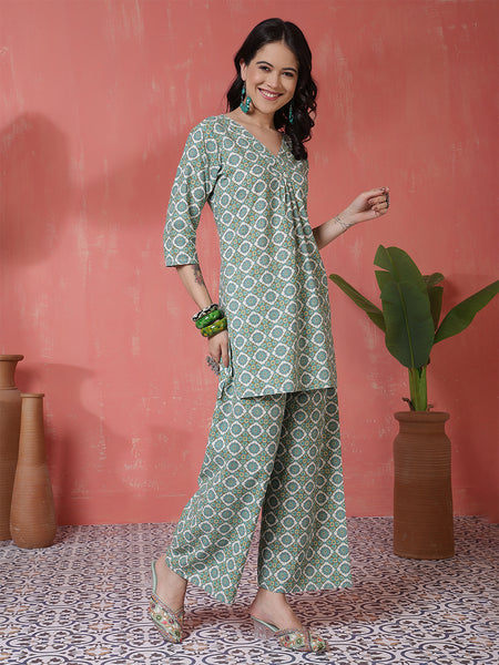 Women Green Cotton Flex Printed Top with Trouser Co-ord Set