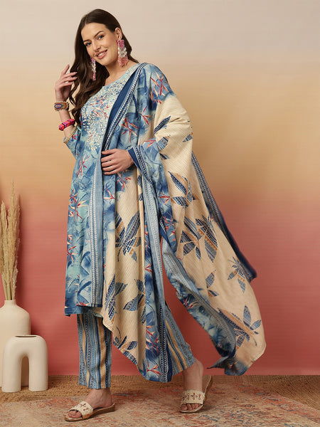 Women Blue Printed Yoke Embroidery Kurta with Trouser & Dupatta