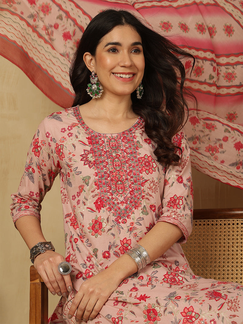 Women Pink Cotton Printed Kurta with Trouser & Dupatta