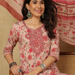 Women Pink Cotton Printed Kurta with Trouser & Dupatta